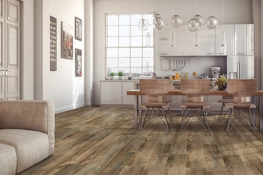 Dining area with rustic waterproof flooring and wooden dining set