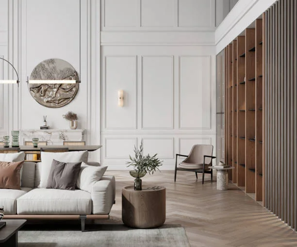 Herringbone patterned hardwood in White paneled living room