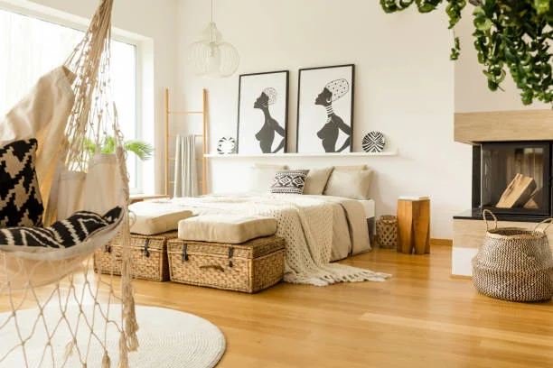Boho style bedroom with hardwood floors